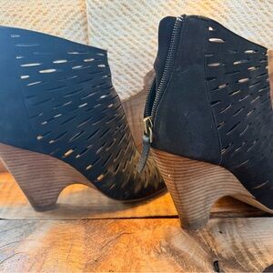 hinge Black Suede Laser-Cut Ankle Booties with Wood Stacked Heel